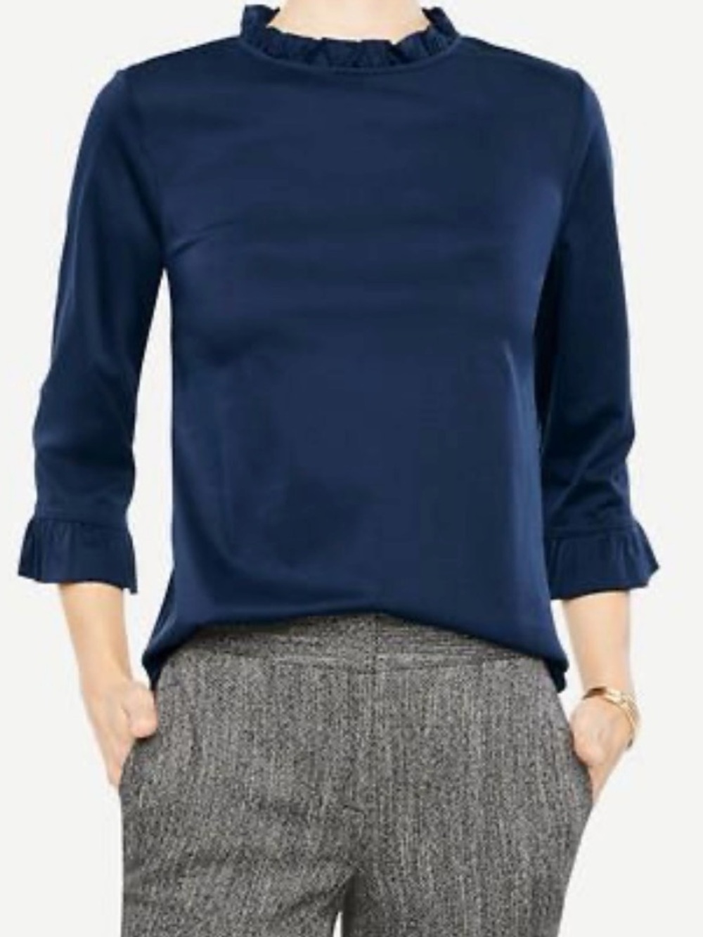 Ann Taylor Navy Ruffle Neck 3/4 Sleeve Top
